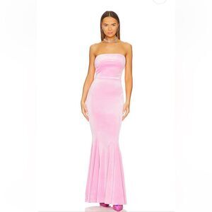 Norma Kamali Fishtail Gown Candy Pink Velvet strapless maxi dress Revolve